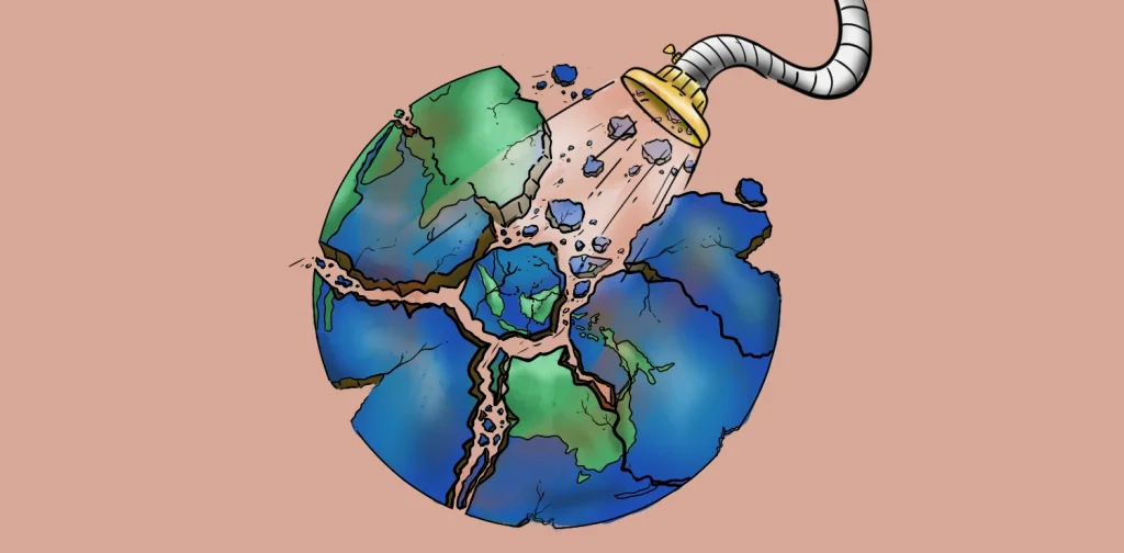 Ilustrasi Bumi yang retak menjadi beberapa bagian, disedot hancur oleh selang