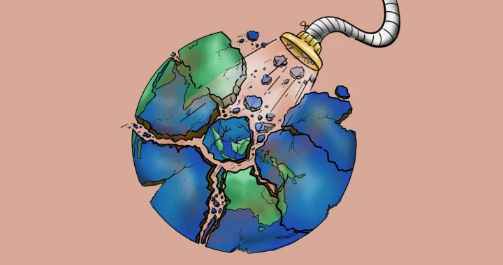 Ilustrasi Bumi yang retak menjadi beberapa bagian, disedot hancur oleh selang