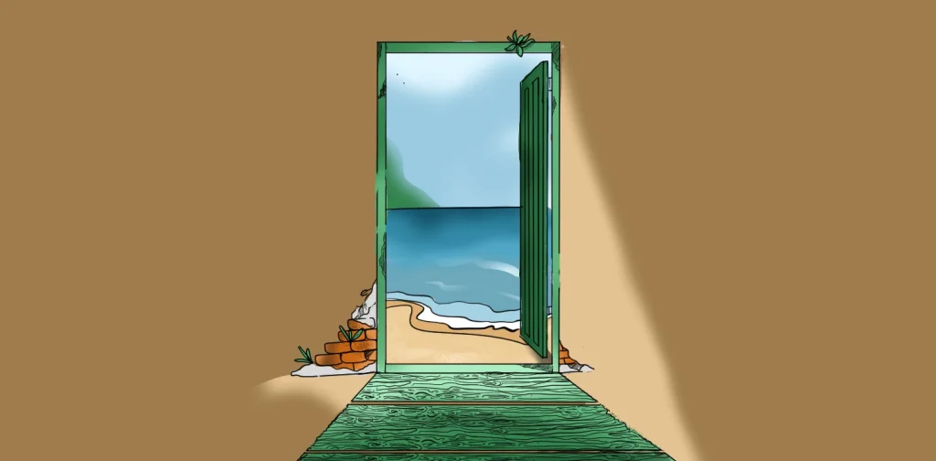 Ilustrasi pintu hijau terbuka di tengah reruntuhan, menampilkan pemandangan pantai berpasir dan lautan di bawah langit pucat