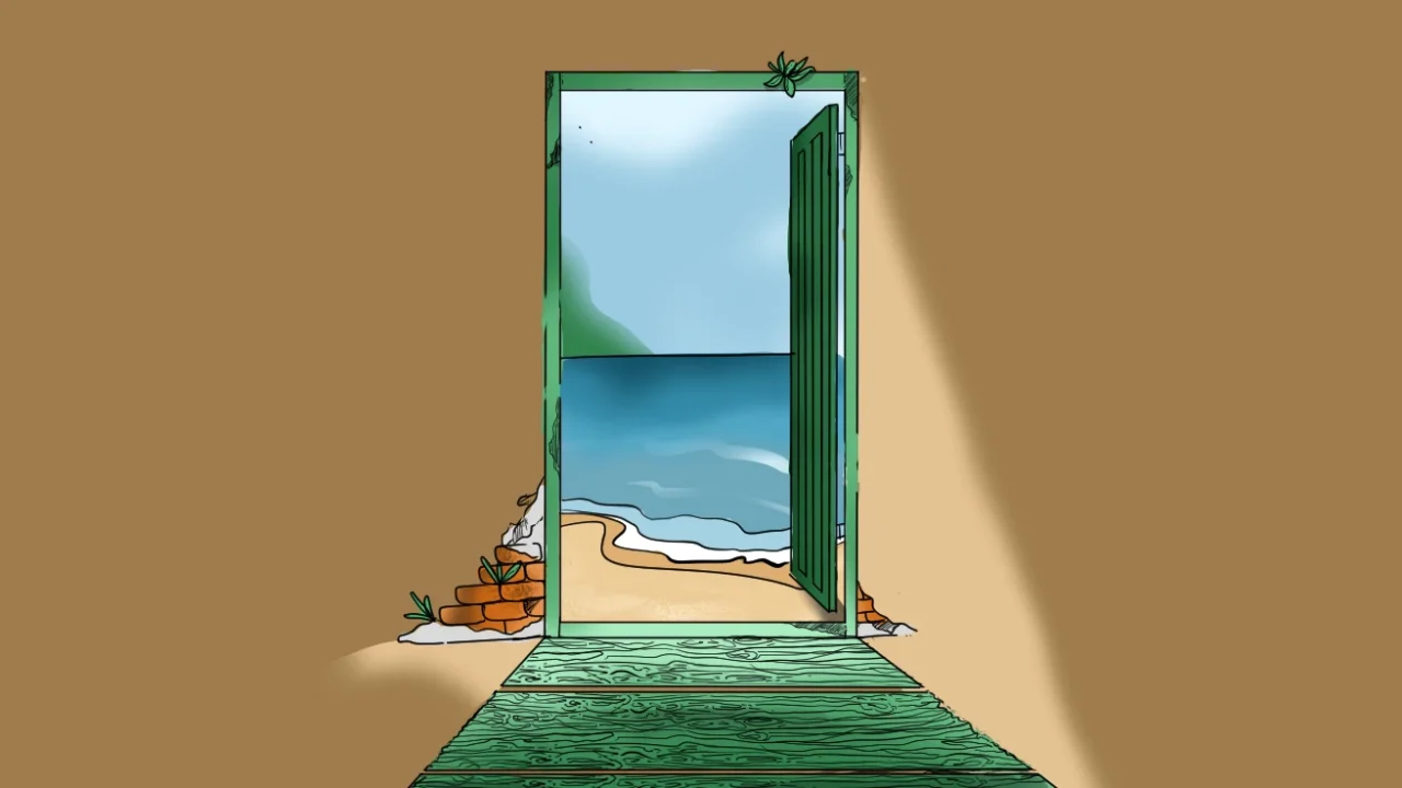 Ilustrasi pintu hijau terbuka di tengah reruntuhan, menampilkan pemandangan pantai berpasir dan lautan di bawah langit pucat