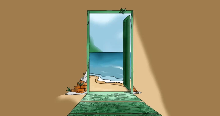 Ilustrasi pintu hijau terbuka di tengah reruntuhan, menampilkan pemandangan pantai berpasir dan lautan di bawah langit pucat