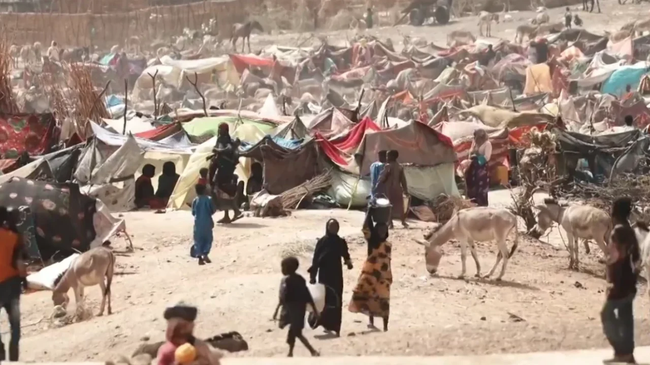 Sebuah kamp pengungsi Sudan di Chad timur, memperlihatkan deretan tempat penampungan bagi keluarga-keluarga yang melarikan diri setelah melintasi perbatasan dari Darfur