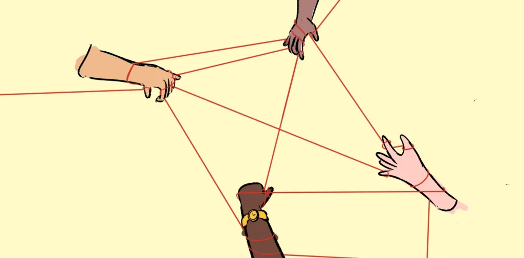 Ilustrasi empat tangan yang terjalin dalam jaringan benang yang saling terkait.
