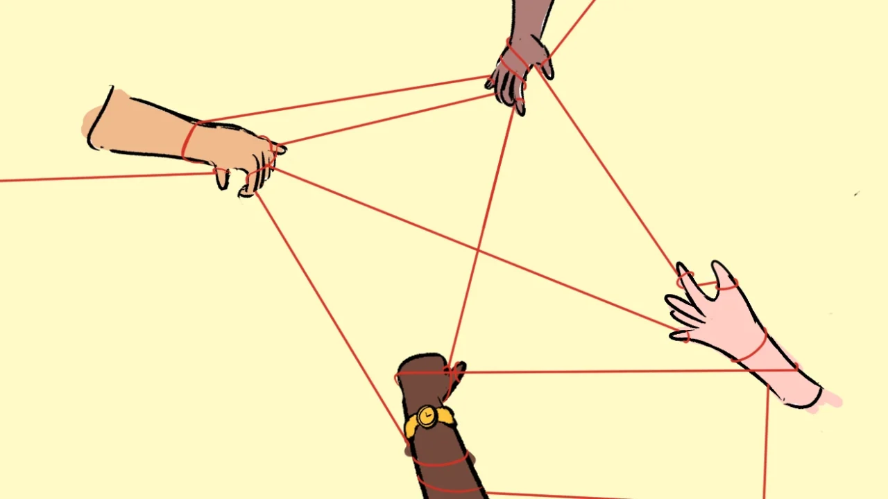 Ilustrasi empat tangan yang terjalin dalam jaringan benang yang saling terkait.