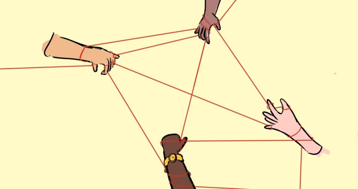 Ilustrasi empat tangan yang terjalin dalam jaringan benang yang saling terkait.