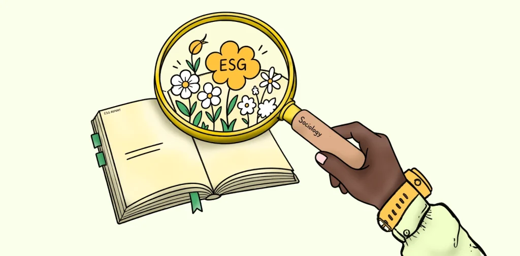 Ilustrasi sebuah kaca pembesar menyorot lembaran laporan ESG.