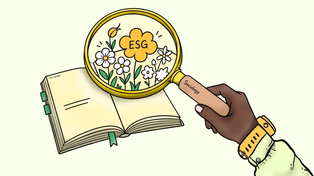 Ilustrasi sebuah kaca pembesar menyorot lembaran laporan ESG.
