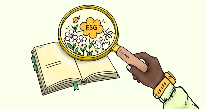 Ilustrasi sebuah kaca pembesar menyorot lembaran laporan ESG.