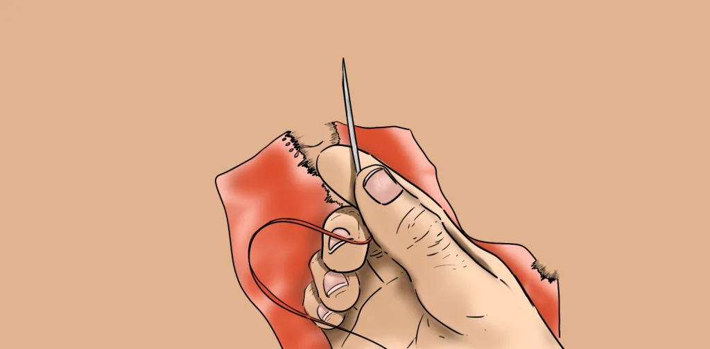 Ilustrasi tangan memegang jarum jahit dengan benang merah, sedang menjahit kain berwarna merah yang sobek