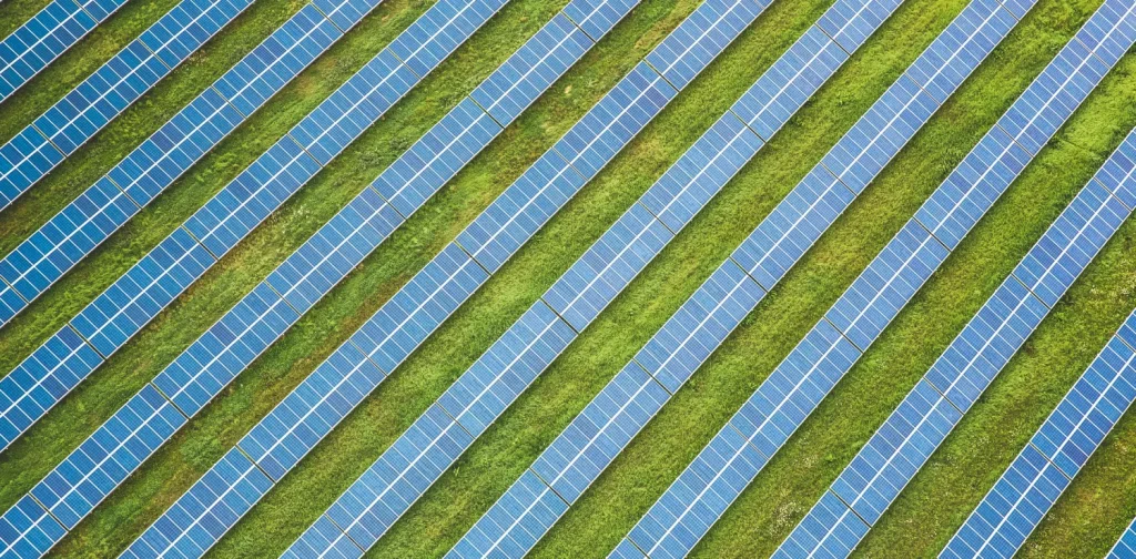 Pemandangan dari atas udara deretan panel surya yang membentang di padang rumput hijau.