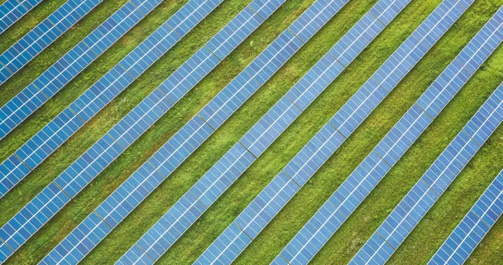 Pemandangan dari atas udara deretan panel surya yang membentang di padang rumput hijau.