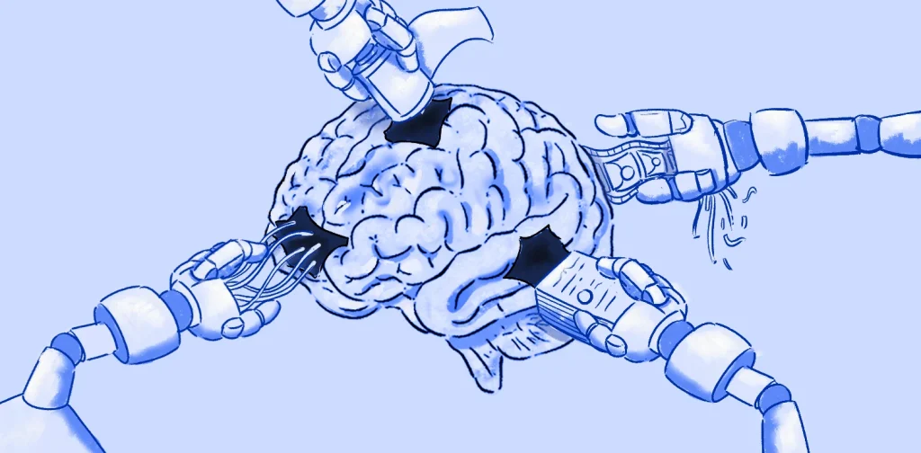 Ilustrasi otak manusia yang dikelilingi lengan-lengan robot, masing-masing memegang objek hitam (kartu, uang, chip) yang menempel di otak, menggambarkan AI yang mengeksploitasi/mencuri data manusia.