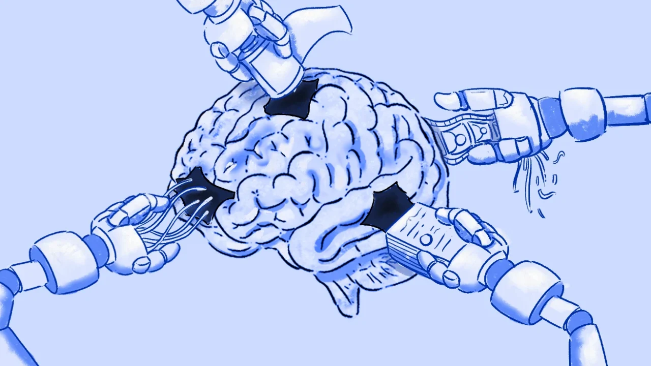 Ilustrasi otak manusia yang dikelilingi lengan-lengan robot, masing-masing memegang objek hitam (kartu, uang, chip) yang menempel di otak, menggambarkan AI yang mengeksploitasi/mencuri data manusia.