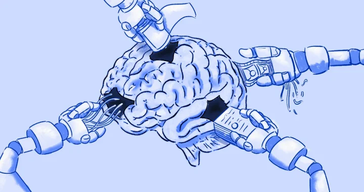 Ilustrasi otak manusia yang dikelilingi lengan-lengan robot, masing-masing memegang objek hitam (kartu, uang, chip) yang menempel di otak, menggambarkan AI yang mengeksploitasi/mencuri data manusia.