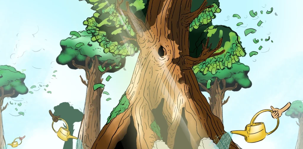 Ilustrasi pohon raksasa dengan daun mirip uang, disiram kaleng penyiram emas yang dipegang tangan dari tepi gambar.