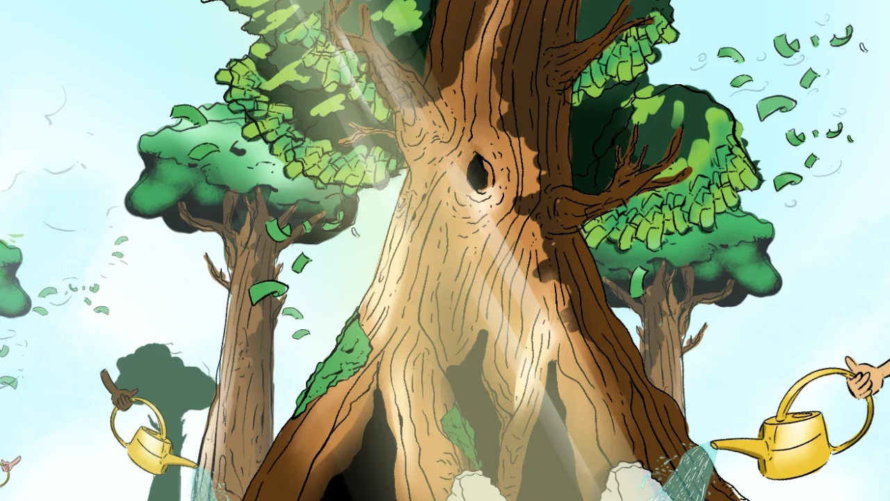 Ilustrasi pohon raksasa dengan daun mirip uang, disiram kaleng penyiram emas yang dipegang tangan dari tepi gambar.