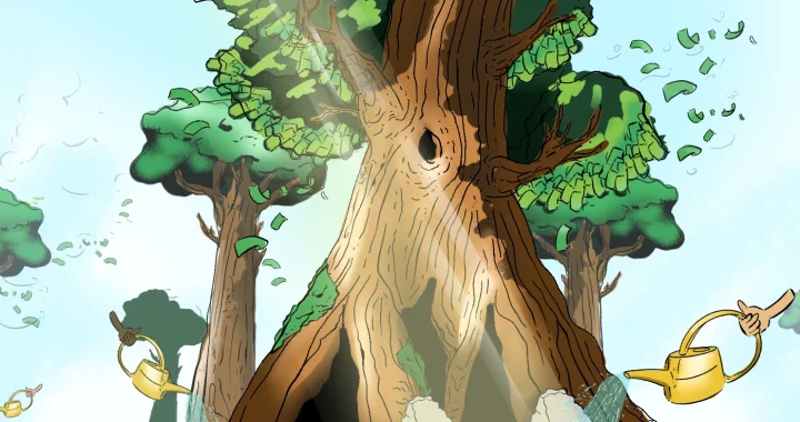 Ilustrasi pohon raksasa dengan daun mirip uang, disiram kaleng penyiram emas yang dipegang tangan dari tepi gambar.