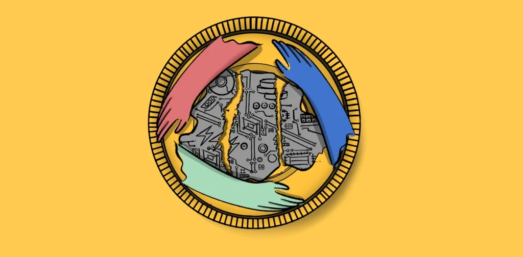 Ilustrasi koin emas di atas latar kuning, dengan tangan merah, biru, dan hijau yang menjangkau dari tepi untuk menyatukan papan sirkuit abu-abu yang sobek di bagian tengahnya.