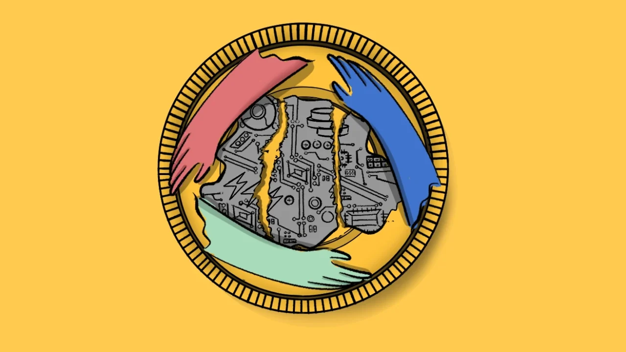 Ilustrasi koin emas di atas latar kuning, dengan tangan merah, biru, dan hijau yang menjangkau dari tepi untuk menyatukan papan sirkuit abu-abu yang sobek di bagian tengahnya.