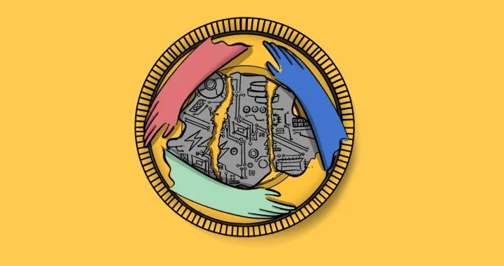 Ilustrasi koin emas di atas latar kuning, dengan tangan merah, biru, dan hijau yang menjangkau dari tepi untuk menyatukan papan sirkuit abu-abu yang sobek di bagian tengahnya.