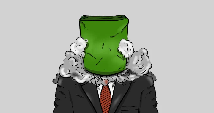 Sosok berjas dengan kepala kotak hijau diselimuti asap tebal